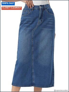 Long Denim Skirt Split Back High Waist Elastic Women's Jean Maxi